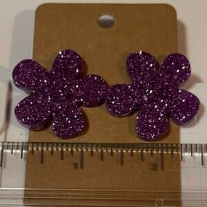 Handmade epoxy‎ resin large flower earrings - dark lavender glitter